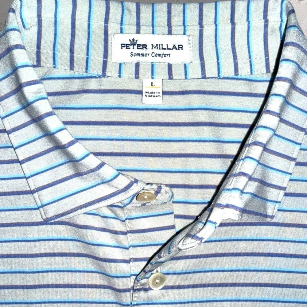 Peter Millar Summer Comfort Golf Polo Men’s Large Gray Blue Stripe Logo - Picture 2 of 8